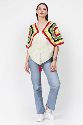 Beige granny square ponchu sweater - SUGERCANDY