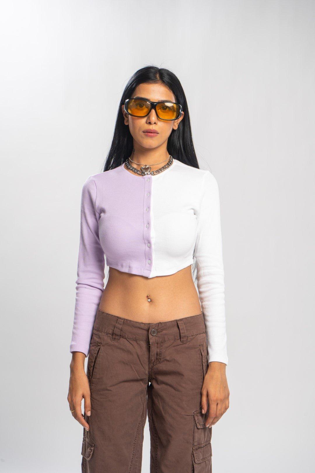 Lilac Two Tone Color Cardigan Top - SUGERCANDY