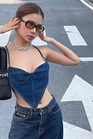 V-neck Navy Blue Denim Corset - SUGERCANDY