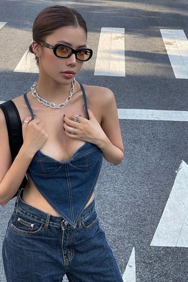 V-neck Navy Blue Denim Corset - SUGERCANDY