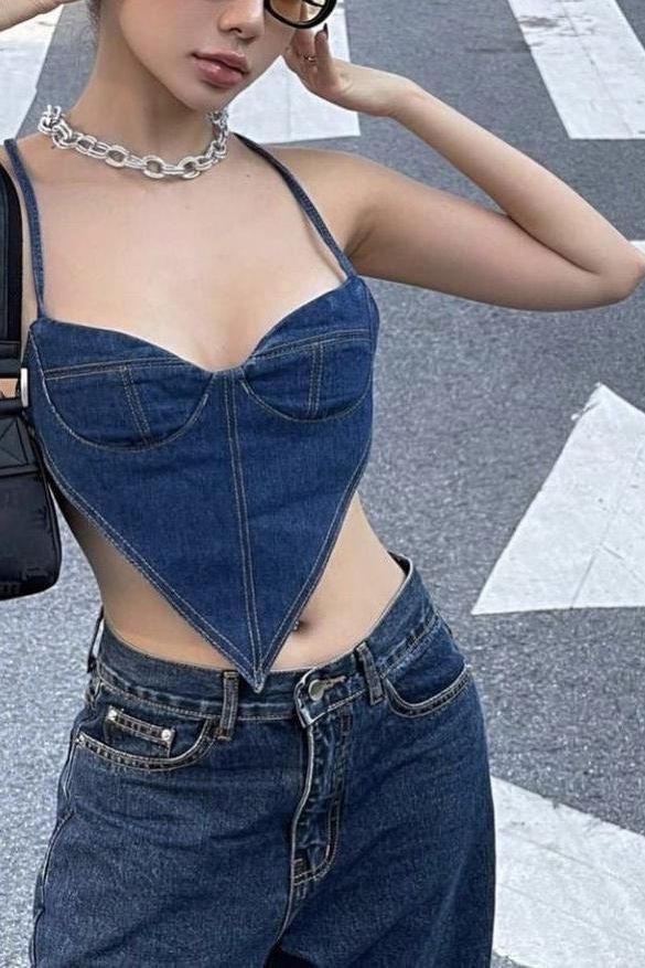 V-neck Navy Blue Denim Corset - SUGERCANDY